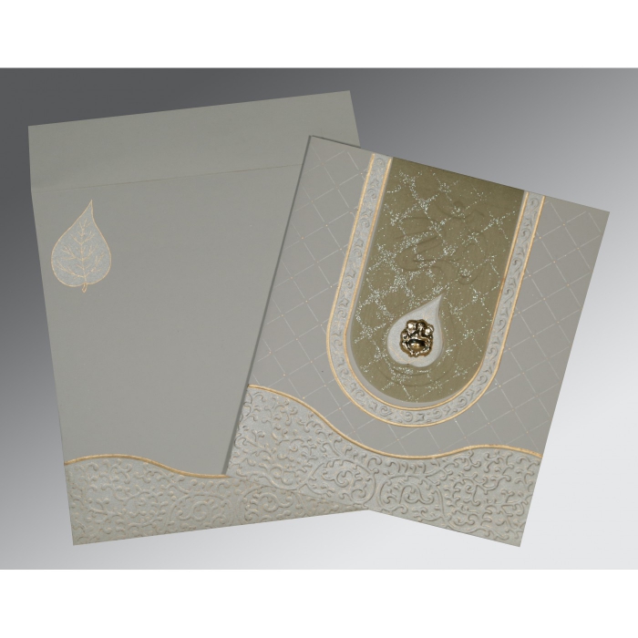 SHELL GREY MATTE EMBOSSED WEDDING INVITATION : IN-2151 - IndianWeddingCards