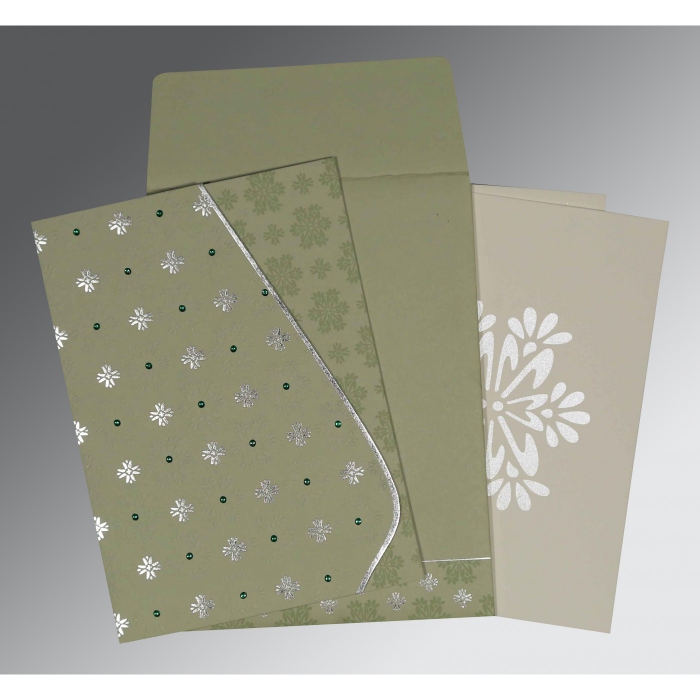 SAGE GREEN MATTE FLORAL THEMED - FOIL STAMPED WEDDING INVITATION : IN-8237I - IndianWeddingCards