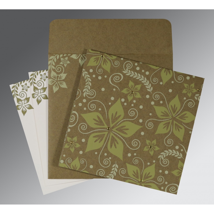 OLIVE GREEN MATTE FLORAL THEMED - SCREEN PRINTED WEDDING INVITATION : IN-8240F - IndianWeddingCards