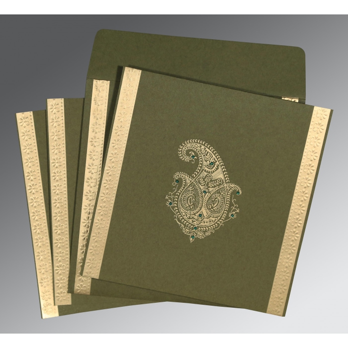 DARK OLIVE GREEN MATTE EMBOSSED WEDDING INVITATION : W-8231B - IndianWeddingCards