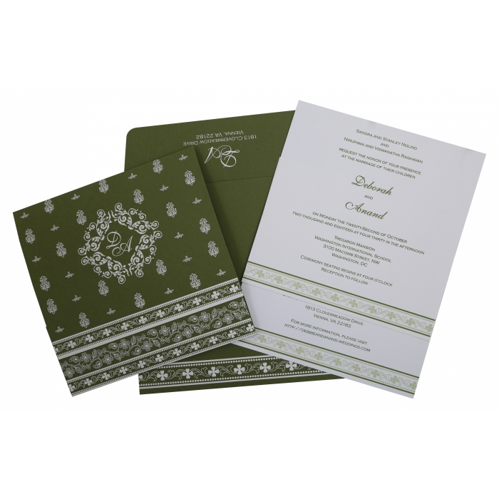GREEN MATTE SCREEN PRINTED WEDDING INVITATION : G-808A - IndianWeddingCards