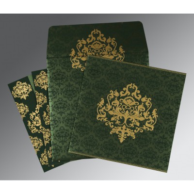 GREEN SHIMMERY DAMASK THEMED - SCREEN PRINTED WEDDING CARD : IN-8254D - IndianWeddingCards