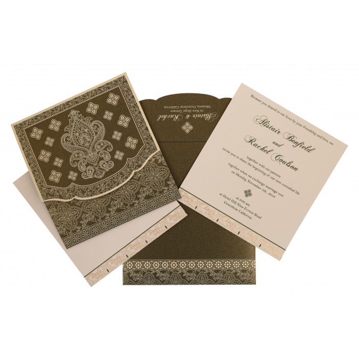 DEEP SAGE SHIMMERY SCREEN PRINTED WEDDING INVITATION : I-800A - IndianWeddingCards