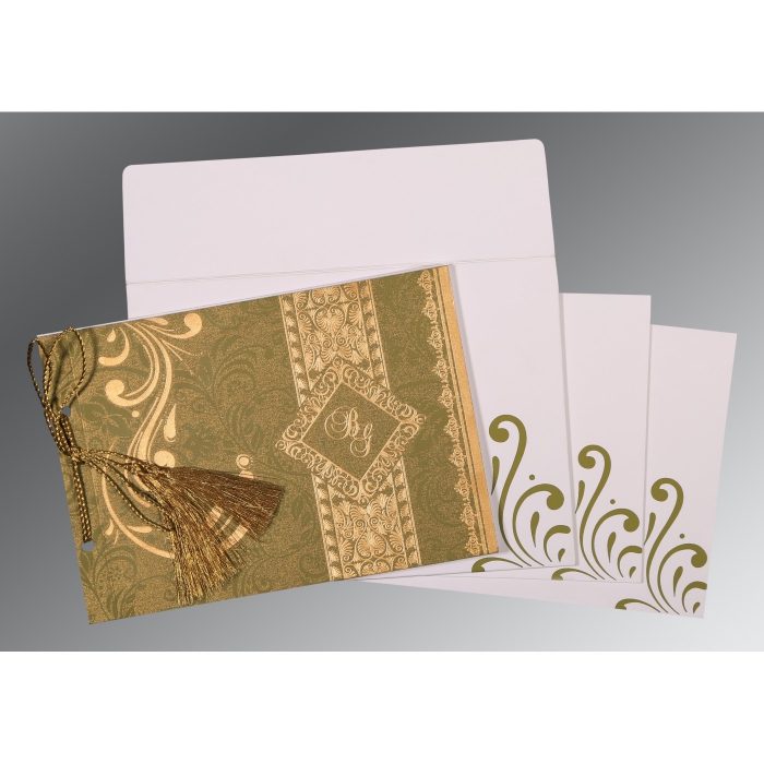 OLIVE GREEN SHIMMERY SCREEN PRINTED WEDDING CARD : IN-8223I - IndianWeddingCards