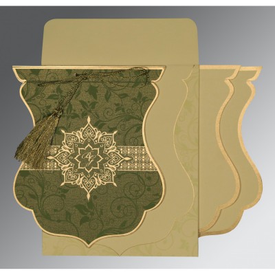 GREEN SHIMMERY UNIQUE THEMED - SCREEN PRINTED WEDDING CARD : IN-8229P - IndianWeddingCards