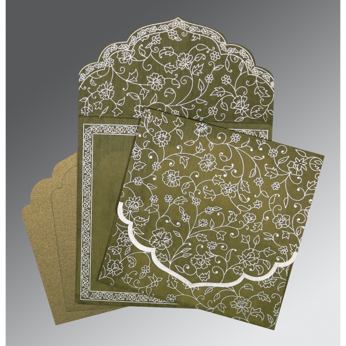OLIVE GREEN WOOLY FLORAL THEMED - SCREEN PRINTED WEDDING INVITATION : IN-8211M - IndianWeddingCards