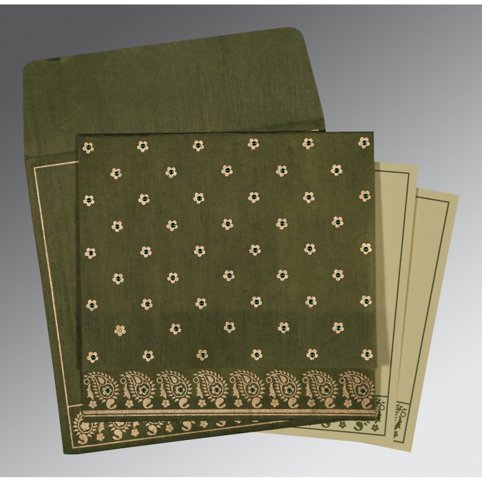 GREEN WOOLY FLORAL THEMED - SCREEN PRINTED WEDDING CARD : W-8218A - IndianWeddingCards