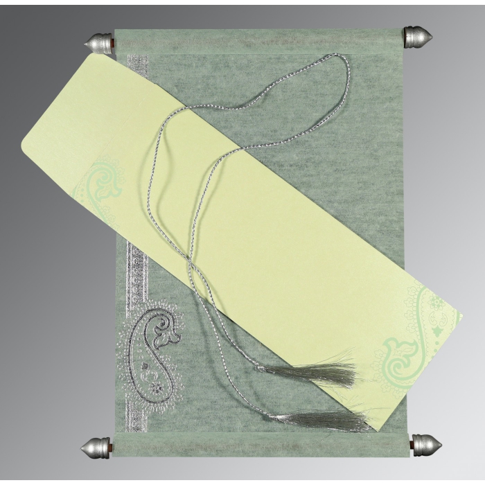 SAGE GREEN WOOLY FOIL STAMPED WEDDING CARD : SC-5015H - IndianWeddingCards