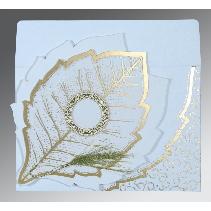 WHITE TRANSPARENT HANDMADE COTTON FLORAL THEMED - FOIL STAMPED WEDDING CARD : IN-8219H - IndianWeddingCards