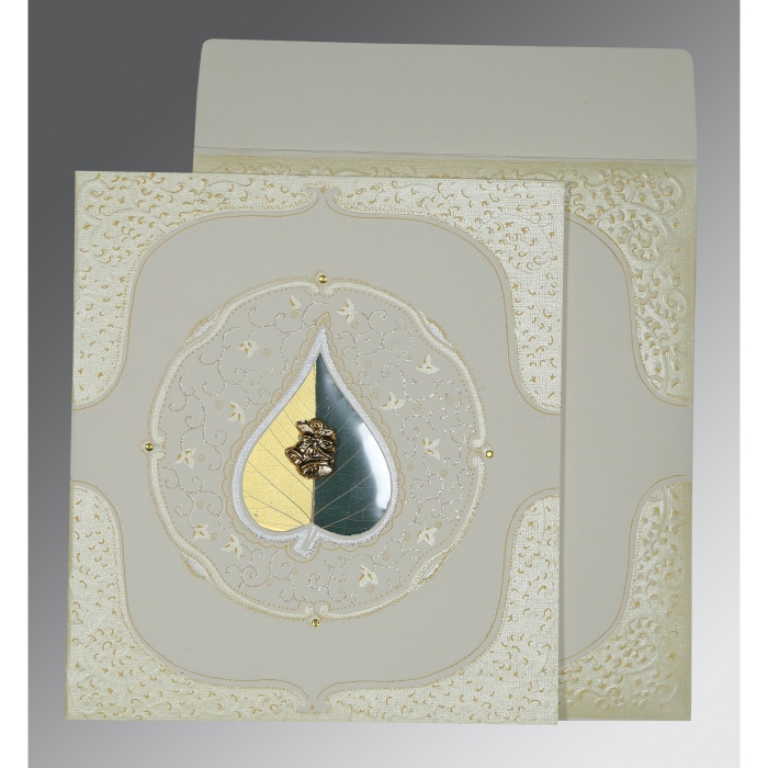 OFF-WHITE MATTE EMBOSSED WEDDING CARD : C-1153 - IndianWeddingCards