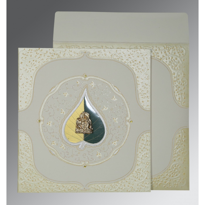 OFF-WHITE MATTE EMBOSSED WEDDING CARD : G-1153 - IndianWeddingCards