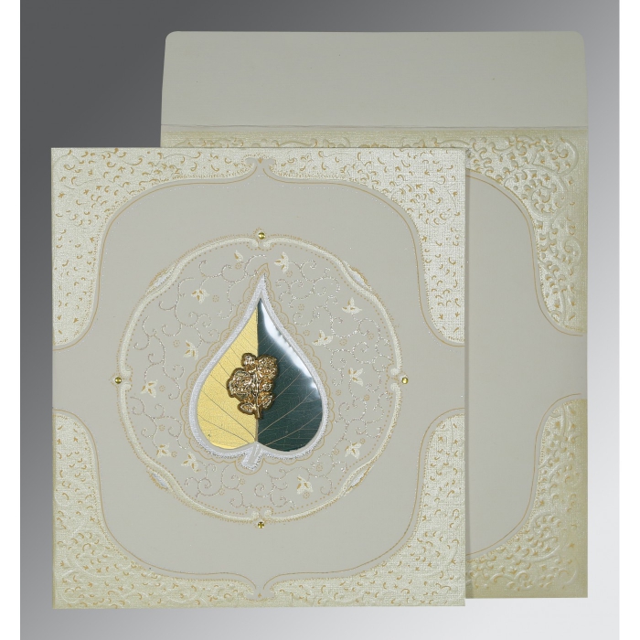 OFF-WHITE MATTE EMBOSSED WEDDING CARD : I-1153 - IndianWeddingCards