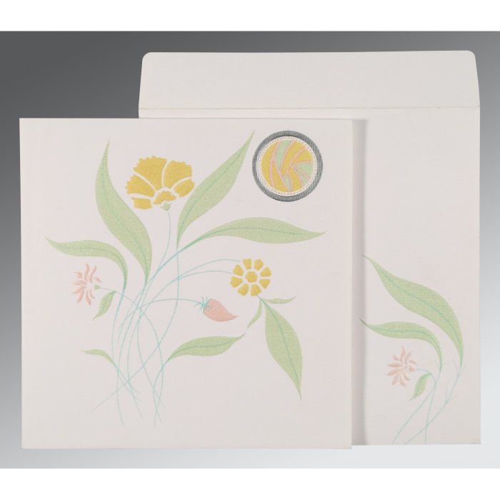 OFF-WHITE MATTE FLORAL THEMED - EMBOSSED WEDDING INVITATION : I-1114 - IndianWeddingCards