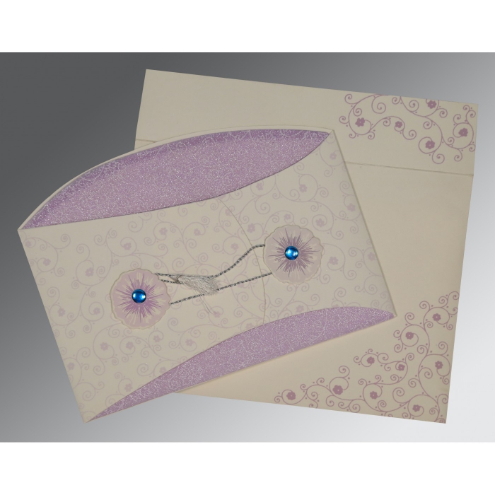 IVORY PURPLE MATTE FLORAL THEMED - SCREEN PRINTED WEDDING CARD : W-1431 - IndianWeddingCards