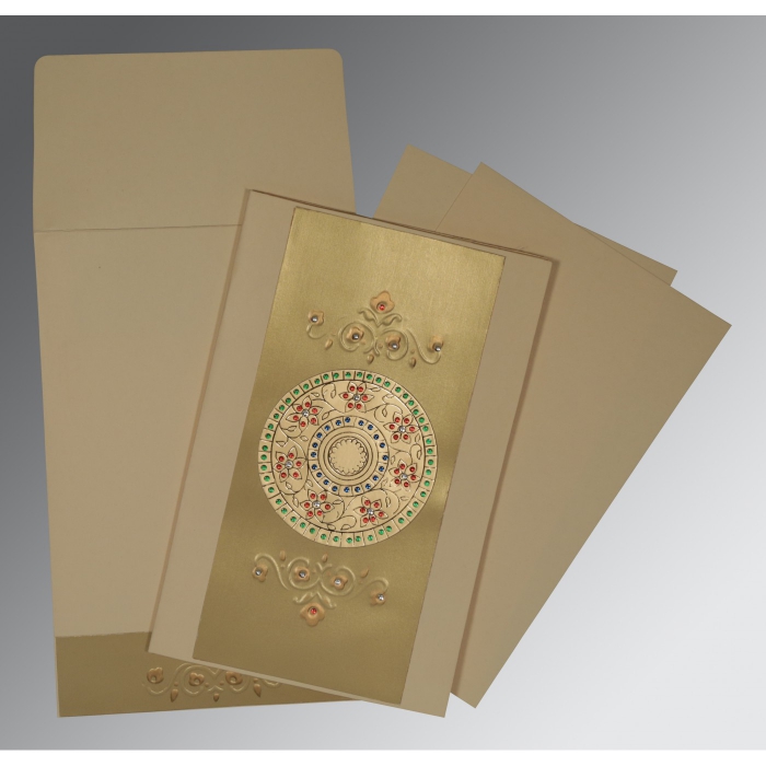 GOLD BEIGE MATTE FOIL STAMPED WEDDING CARD : C-1407 - IndianWeddingCards