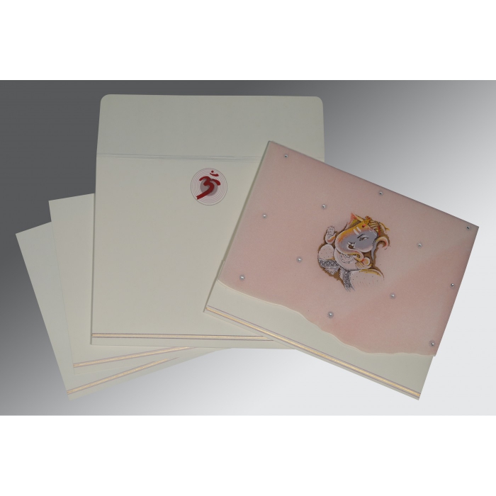 OFF-WHITE BABY PINK MATTE SCREEN PRINTED WEDDING CARD : W-2203 - IndianWeddingCards