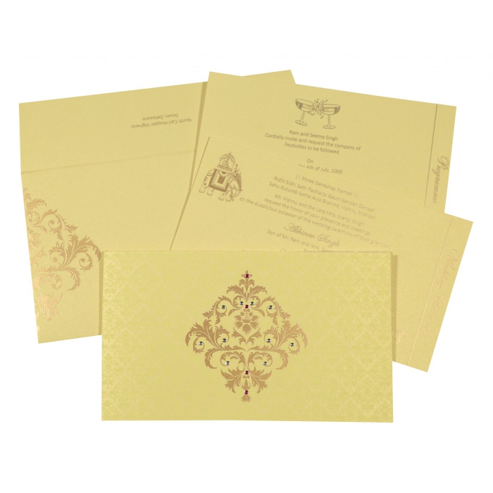 KHAKI SHIMMERY DAMASK THEMED SCREEN PRINTED WEDDING CARD CG8257B