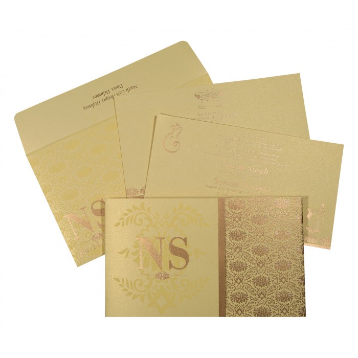 KHAKI SHIMMERY DAMASK THEMED - SCREEN PRINTED WEDDING INVITATION : IN-8261C - IndianWeddingCards