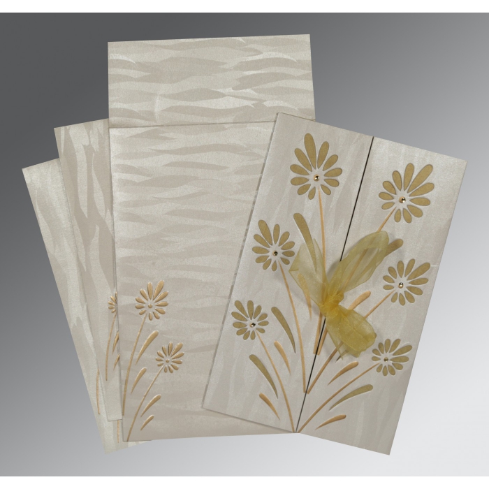 METALLIC SILVER SHIMMERY FLORAL THEMED - EMBOSSED WEDDING CARD : C-1372 - IndianWeddingCards