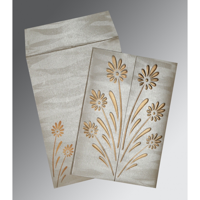 METALLIC GREY SHIMMERY FLORAL THEMED - EMBOSSED WEDDING CARD : C-1378 - IndianWeddingCards