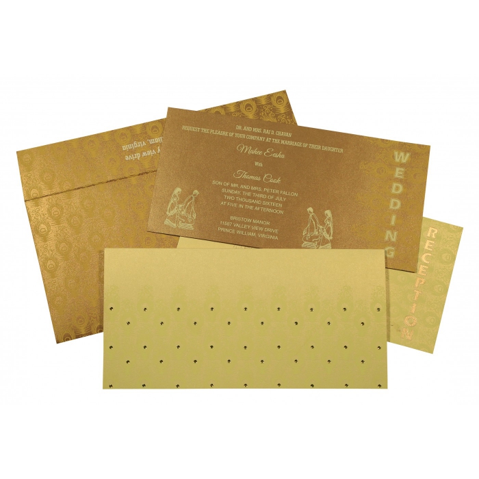 CREAM GOLD SHIMMERY PEACOCK THEMED - SCREEN PRINTED WEDDING INVITATION : IN-8256A - IndianWeddingCards