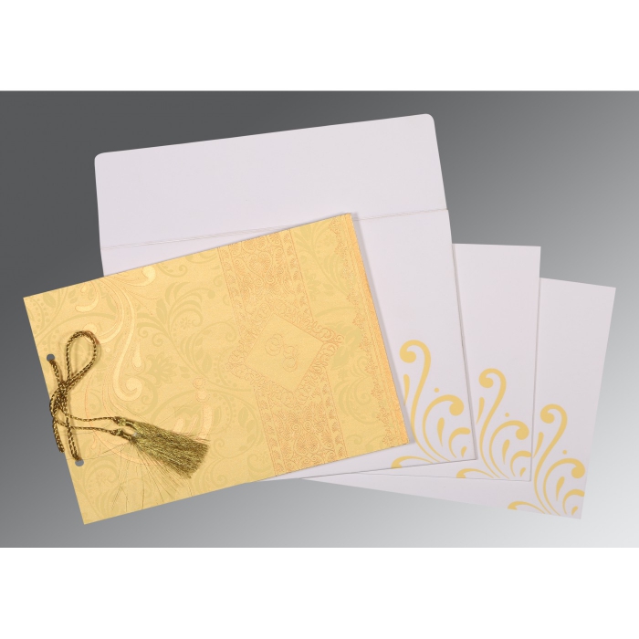 MUSTARD YELLOW SHIMMERY SCREEN PRINTED WEDDING CARD : IN-8223D - IndianWeddingCards