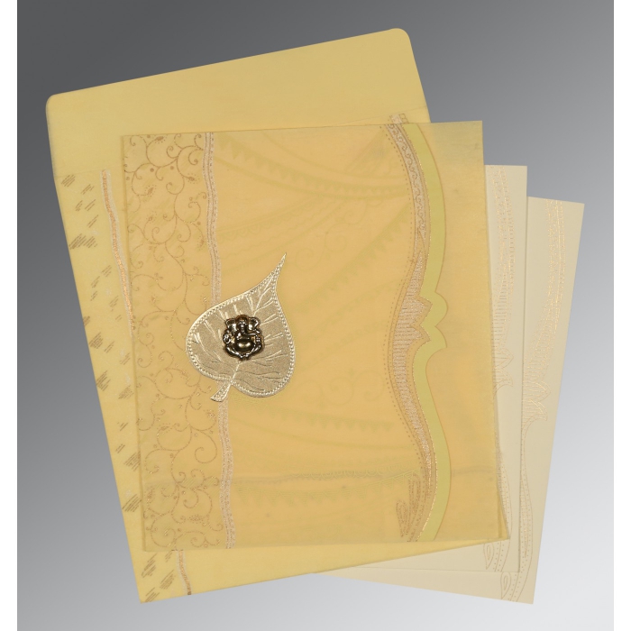 MUSTARD YELLOW SHIMMERY EMBOSSED WEDDING CARD : IN-8210G - IndianWeddingCards