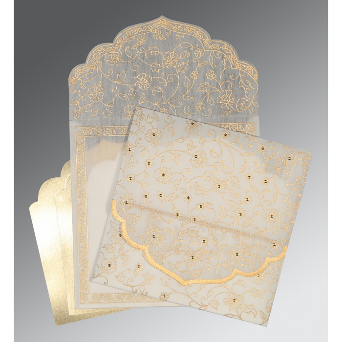 WHITE WOOLY FLORAL THEMED - SCREEN PRINTED WEDDING INVITATION : I-8211A - IndianWeddingCards