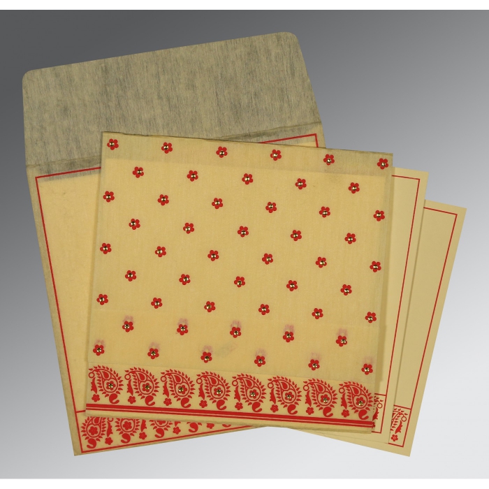 MUSTARD YELLOW WOOLY FLORAL THEMED - SCREEN PRINTED WEDDING CARD : IN-8218B - IndianWeddingCards