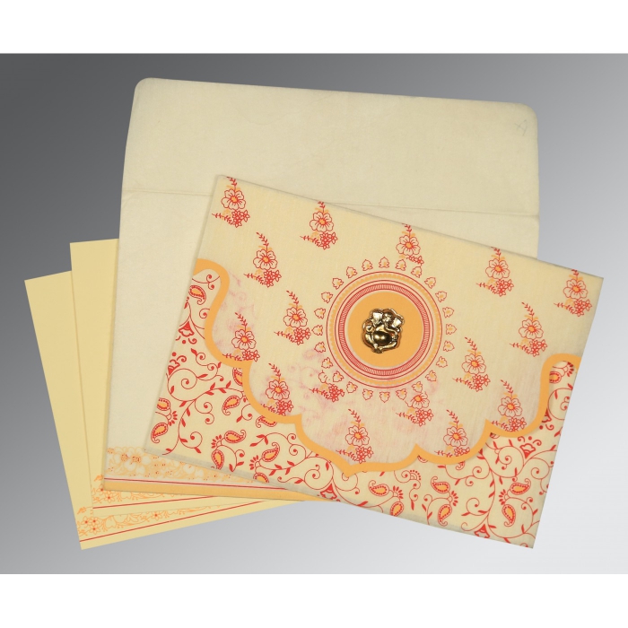 IVORY WOOLY SCREEN PRINTED WEDDING INVITATION : W-8207A - IndianWeddingCards