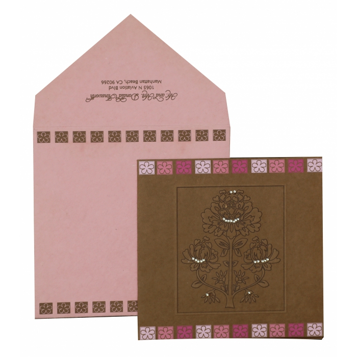 KHAKI HANDMADE COTTON FLORAL THEMED - EMBOSSED WEDDING INVITATION : I-832 - IndianWeddingCards