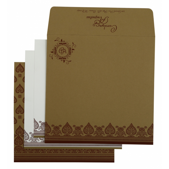 KHAKI MATTE SCREEN PRINTED WEDDING INVITATION : IN-809C - IndianWeddingCards