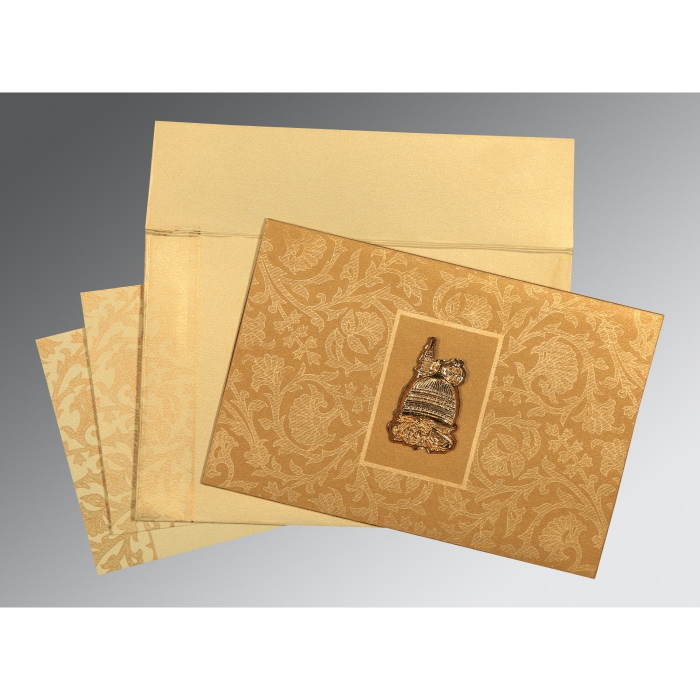 YELLOW GOLD SHIMMERY POCKET THEMED - EMBOSSED WEDDING INVITATION : I-1434 - IndianWeddingCards