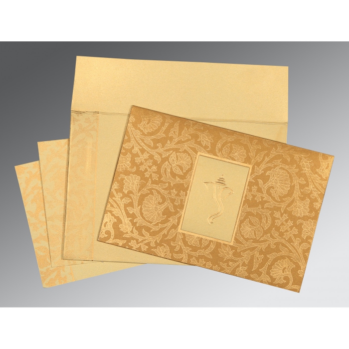 YELLOW GOLD SHIMMERY POCKET THEMED - EMBOSSED WEDDING INVITATION : W-1434 - IndianWeddingCards