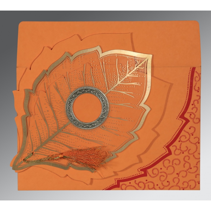 ORANGE HANDMADE COTTON FLORAL THEMED - FOIL STAMPED WEDDING CARD : IN-8219B - IndianWeddingCards