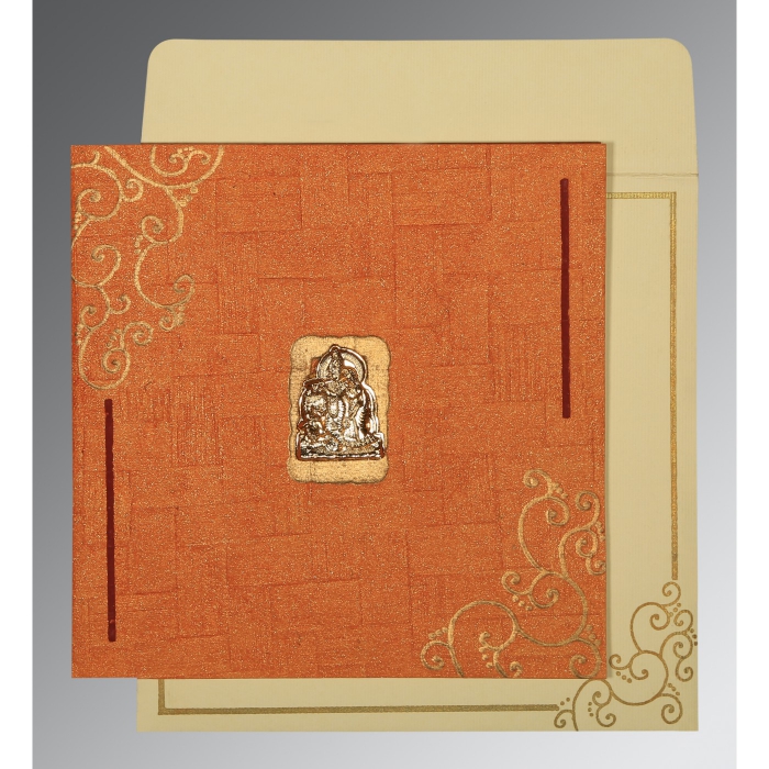 ORANGE HANDMADE SHIMMER EMBOSSED WEDDING INVITATION : G-1236 - IndianWeddingCards