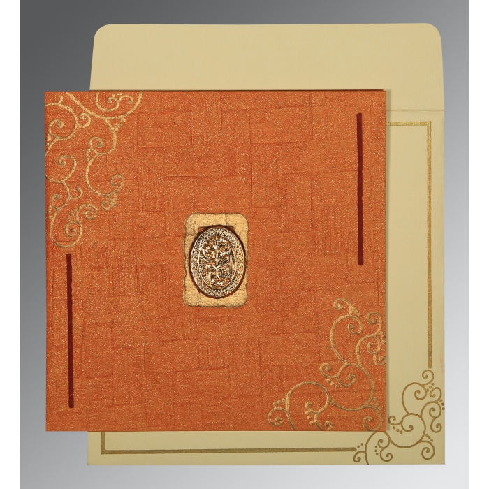 ORANGE HANDMADE SHIMMER EMBOSSED WEDDING INVITATION : I-1236 - IndianWeddingCards