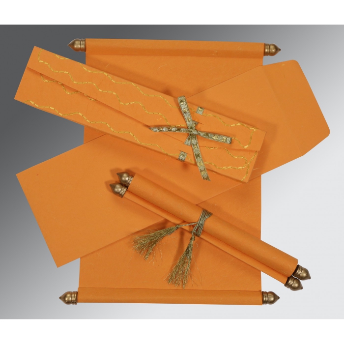 ORANGE HANDMADE SILK WEDDING CARD : SC-5002A - IndianWeddingCards