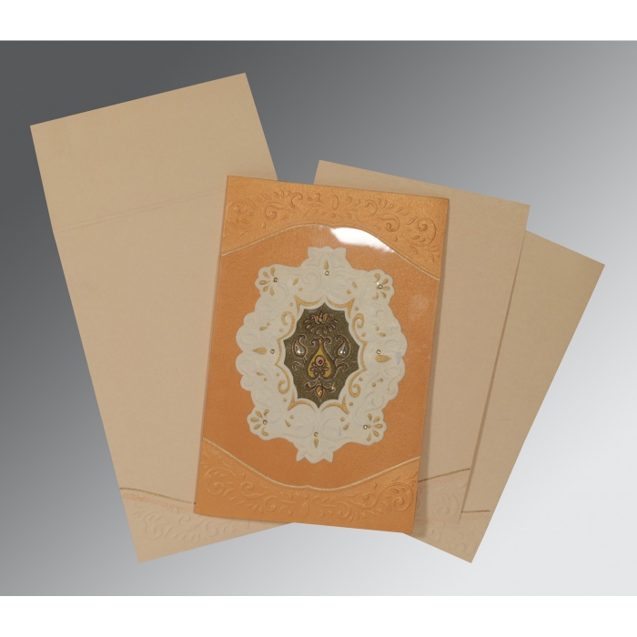 LIGHT ORANGE SHIMMERY BOX THEMED - EMBOSSED WEDDING INVITATION : IN-1367 - IndianWeddingCards