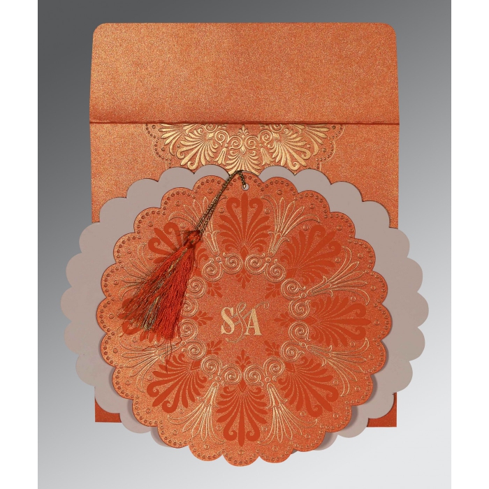 COPPER SHIMMERY FLORAL THEMED - EMBOSSED WEDDING CARD : IN-8238F - IndianWeddingCards