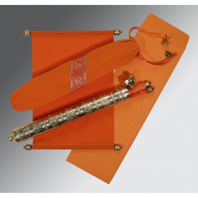 ORANGE VELVET WEDDING CARD : SC-5005G - IndianWeddingCards