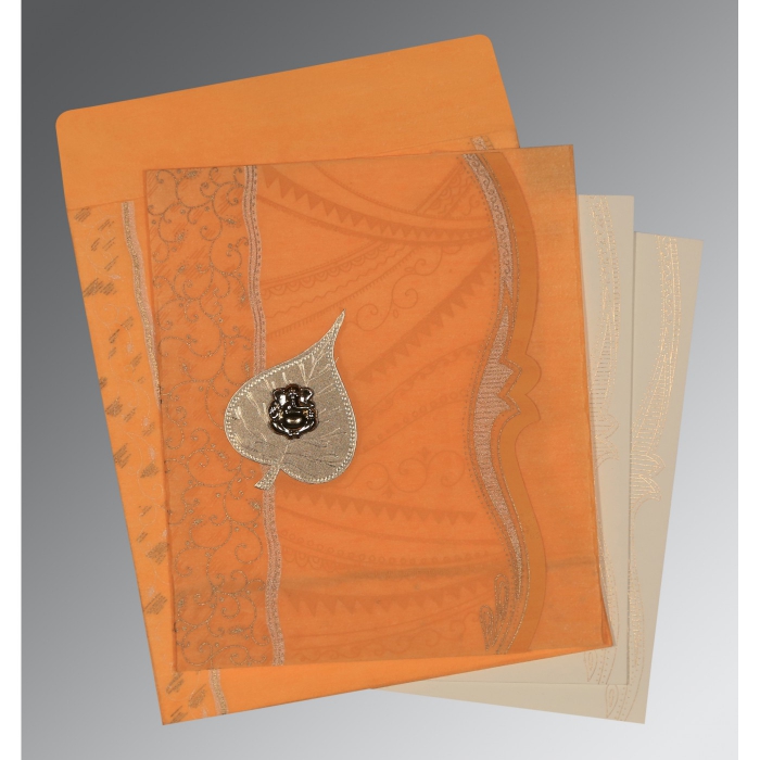 LIGHT ORANGE SHIMMERY EMBOSSED WEDDING CARD : IN-8210L - IndianWeddingCards