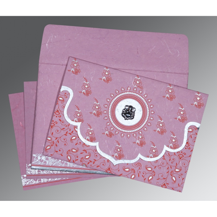 MAUVE PINK HANDMADE SILK SCREEN PRINTED WEDDING INVITATION : IN-8207K - IndianWeddingCards