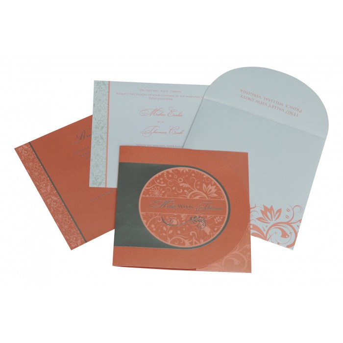 STRONG RED ORANGE SHIMMERY FLORAL THEMED - SCREEN PRINTED WEDDING CARD : W-8264A - IndianWeddingCards