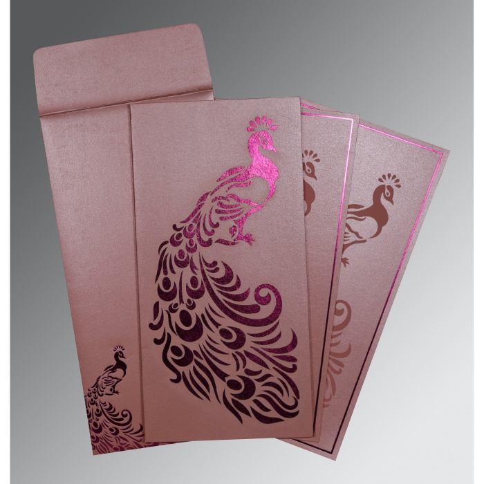 WATERMELON SHIMMERY PEACOCK THEMED - LASER CUT WEDDING INVITATION : IN-8255B - IndianWeddingCards