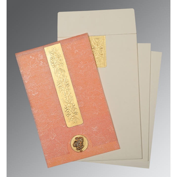 SALMON SHIMMERY EMBOSSED WEDDING INVITATION : I-1221 - IndianWeddingCards