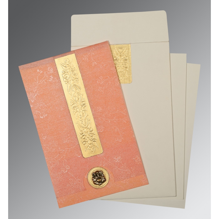 SALMON SHIMMERY EMBOSSED WEDDING INVITATION : W-1221 - IndianWeddingCards