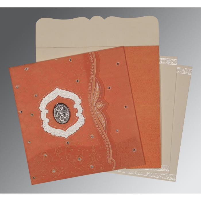 ORANGE SHIMMERY FLORAL THEMED - EMBOSSED WEDDING CARD : I-8209A - IndianWeddingCards