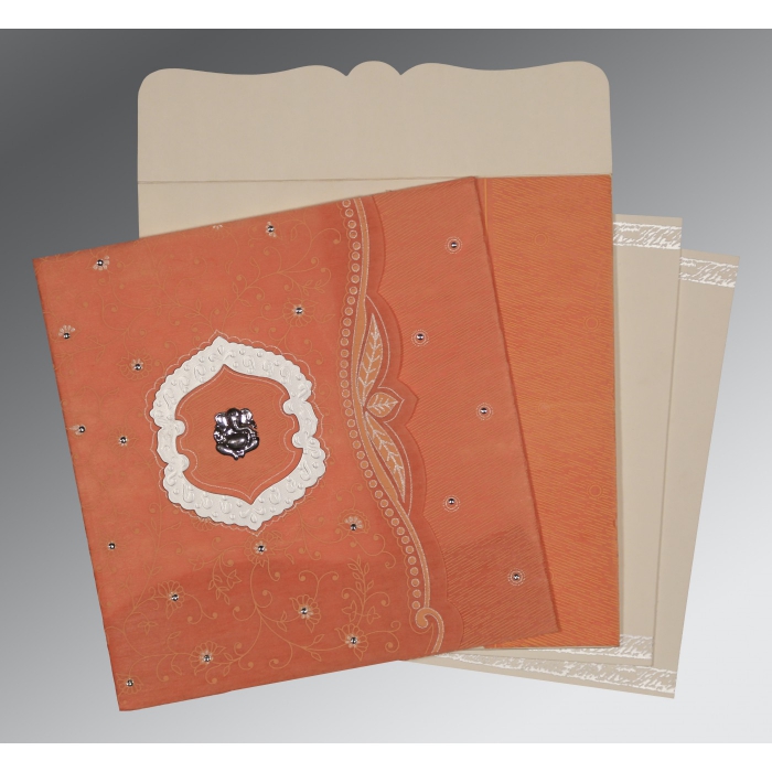 ORANGE SHIMMERY FLORAL THEMED - EMBOSSED WEDDING CARD : IN-8209A - IndianWeddingCards
