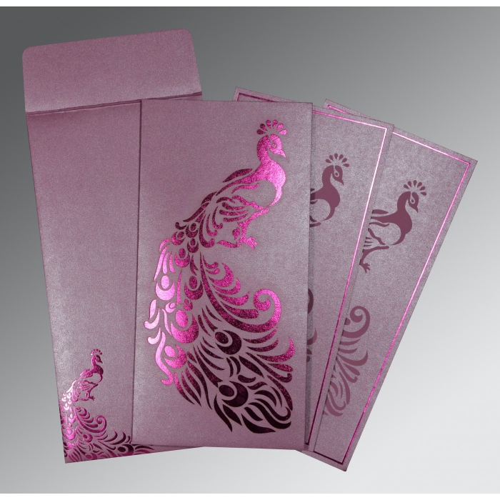 ORCHID SHIMMERY PEACOCK THEMED - LASER CUT WEDDING INVITATION : IN-8255F - IndianWeddingCards